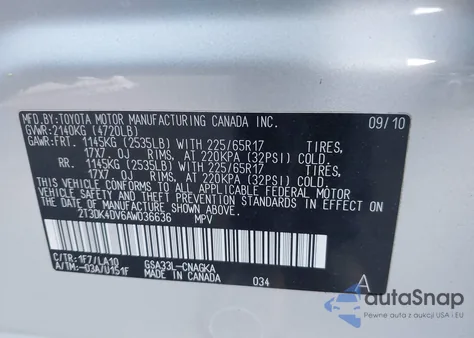 2010 Toyota Rav4 Limited V6 z USA, uszkodzony, nr VIN 2T3DK4DV6AW036636